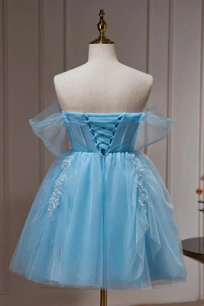 Blue Off The Shoulder Beading Appliques Tulle Short Homecoming Dresses - Image 4