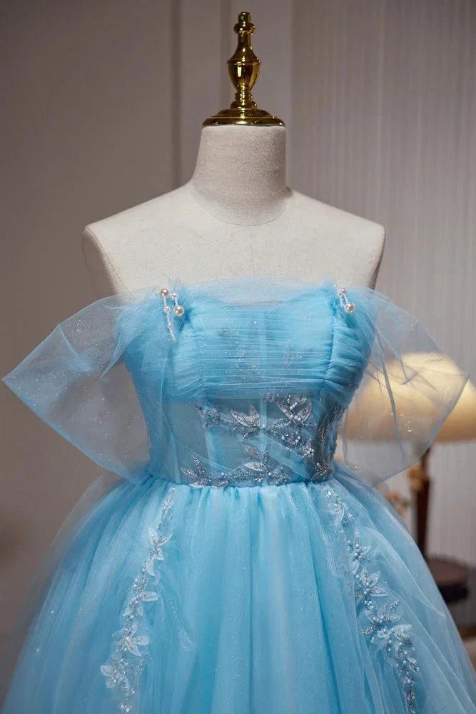 Blue Off The Shoulder Beading Appliques Tulle Short Homecoming Dresses - Image 5
