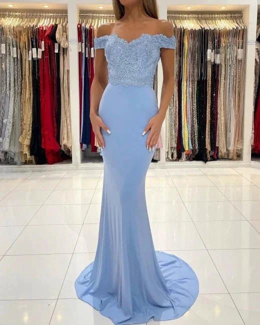 Blue Off-the-shoulder Long Mermaid Prom Dresses With Lace - Image 2