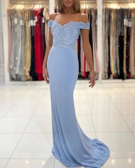 Blue Off-the-shoulder Long Mermaid Prom Dresses With Lace - Image 3