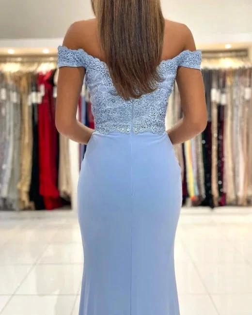 Blue Off-the-shoulder Long Mermaid Prom Dresses With Lace - Image 4