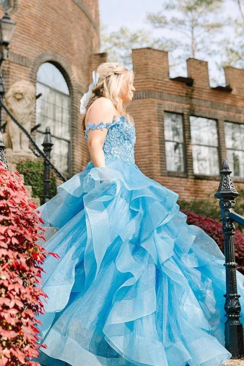 Blue Off the Shoulder Ruffle Tiered Tulle Long Prom Dresses with Appliques - Image 2