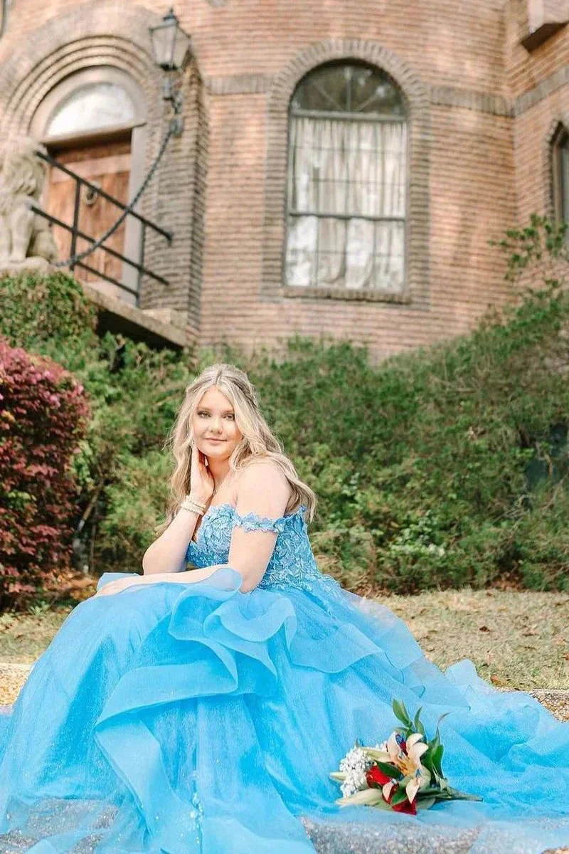 Blue Off the Shoulder Ruffle Tiered Tulle Long Prom Dresses with Appliques - Image 3