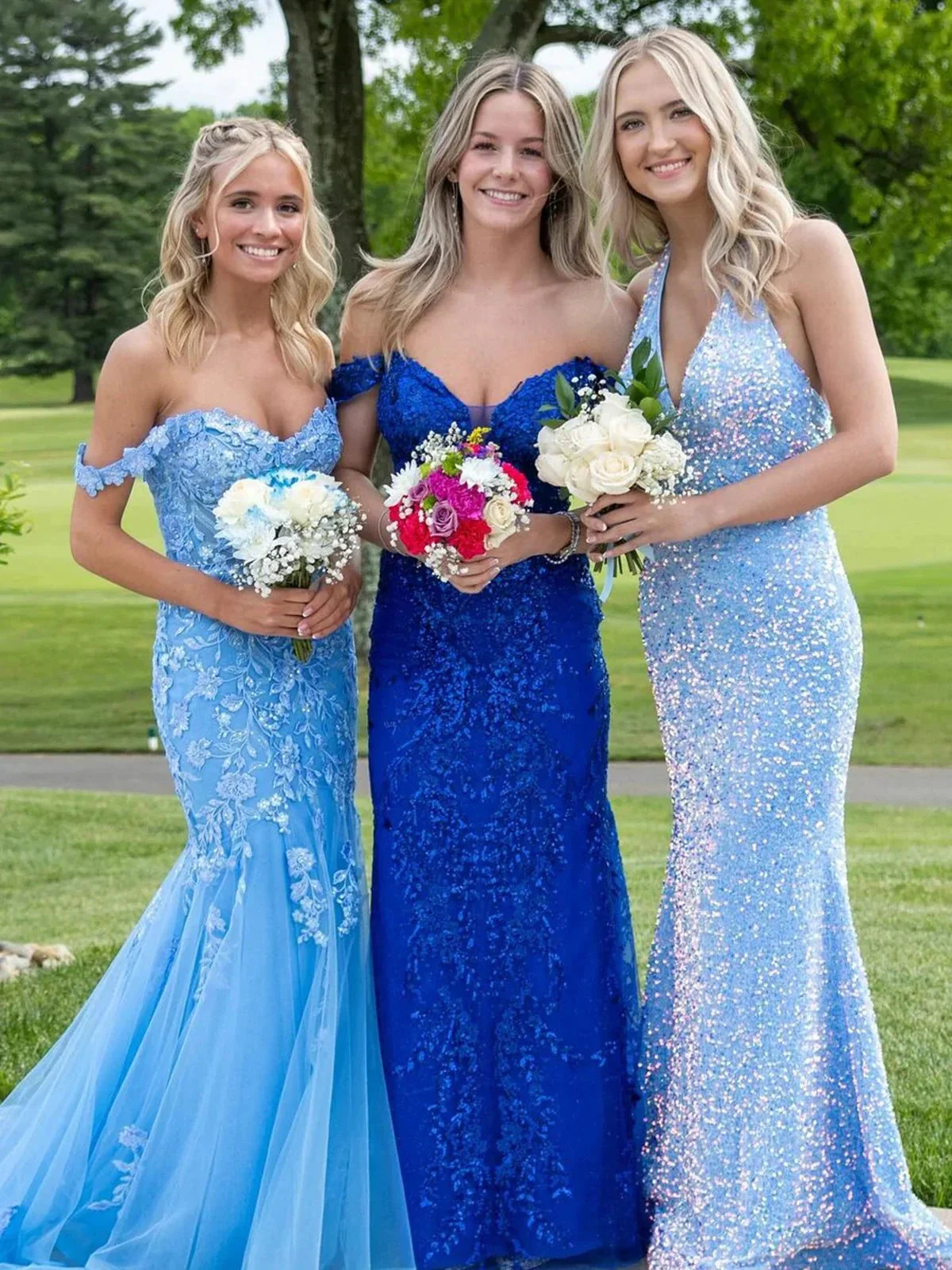 Blue Off the Shoulder Tulle Mermaid Prom Dresses with Appliques - Image 4