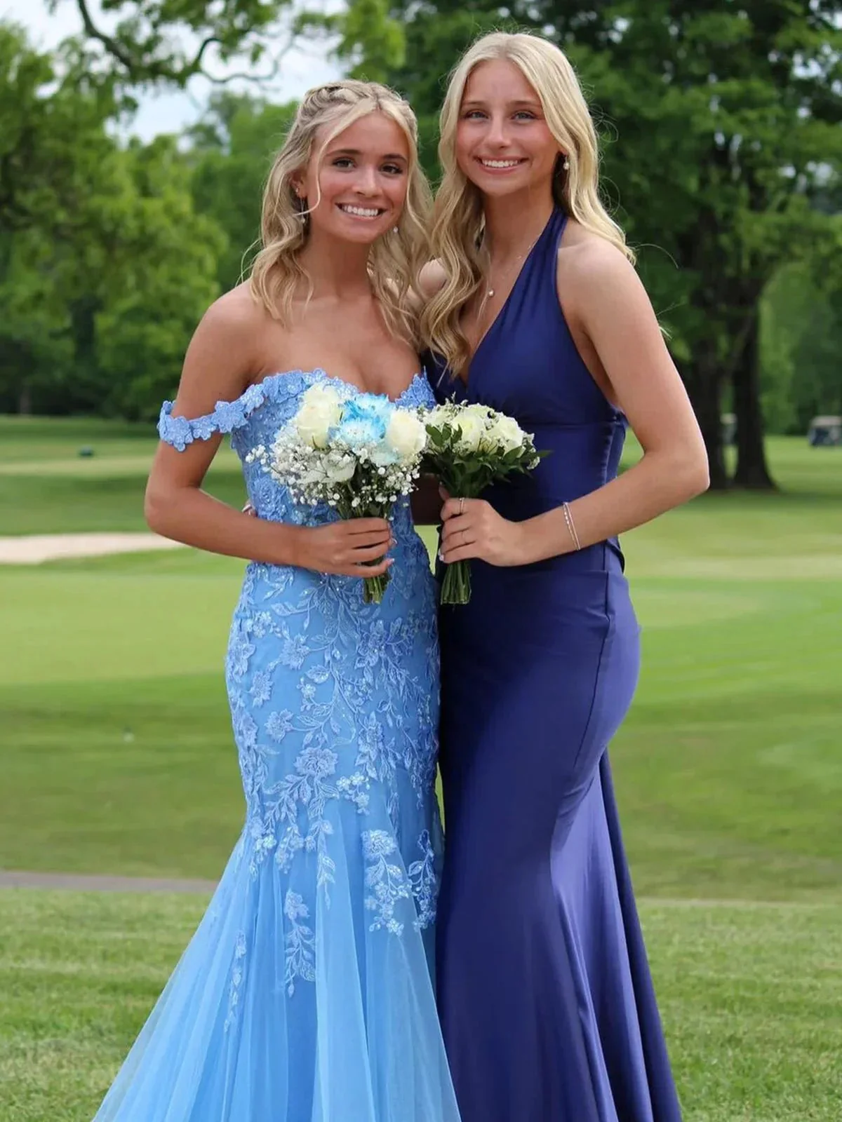 Blue Off the Shoulder Tulle Mermaid Prom Dresses with Appliques - Image 5