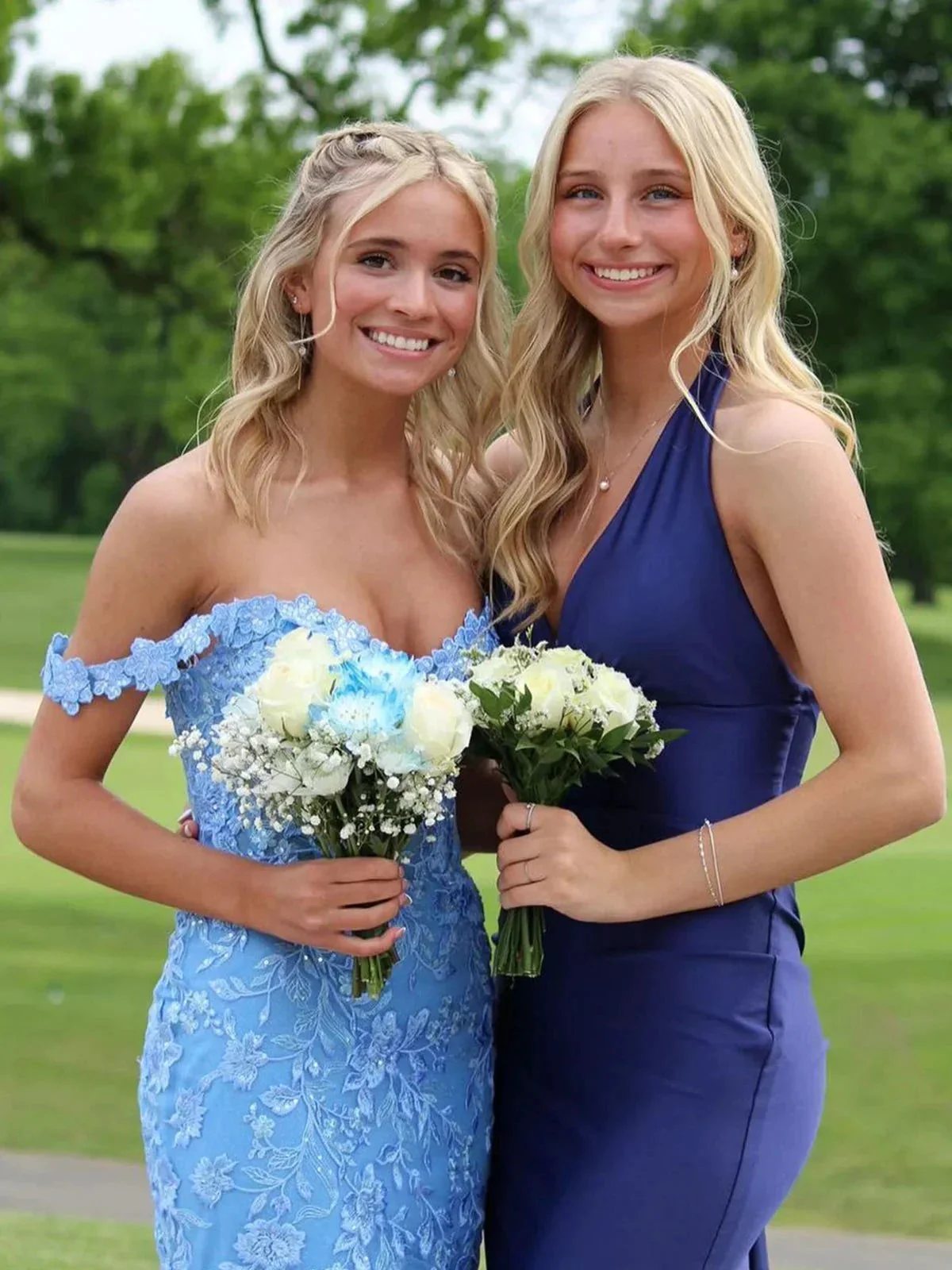 Blue Off the Shoulder Tulle Mermaid Prom Dresses with Appliques - Image 6