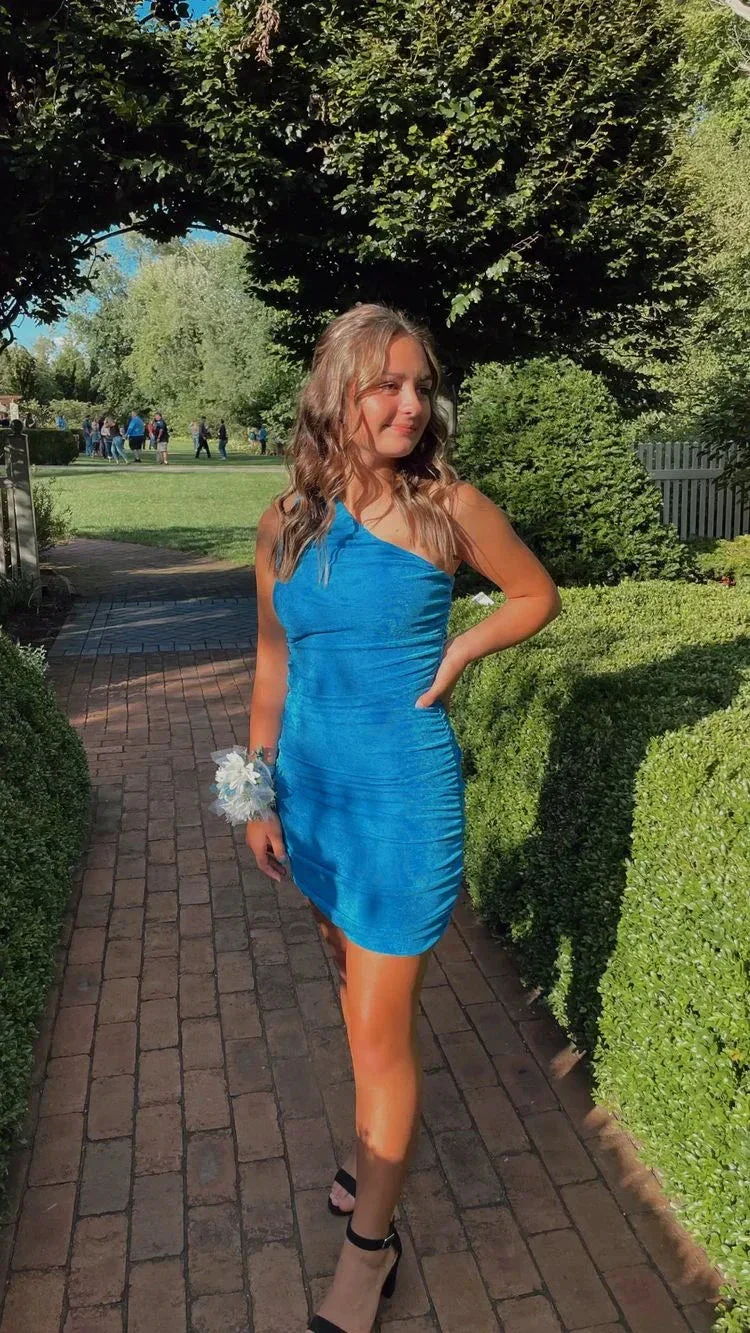 Blue One Shoulder Bodycon Dress Tight Homecoming Dress Y3020 - Image 2