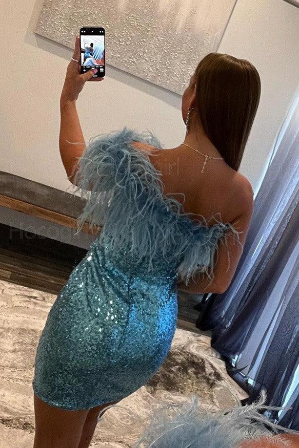 Blue One Shoulder Sleeveless Short Homecoming Dresses With Feathers - Image 2