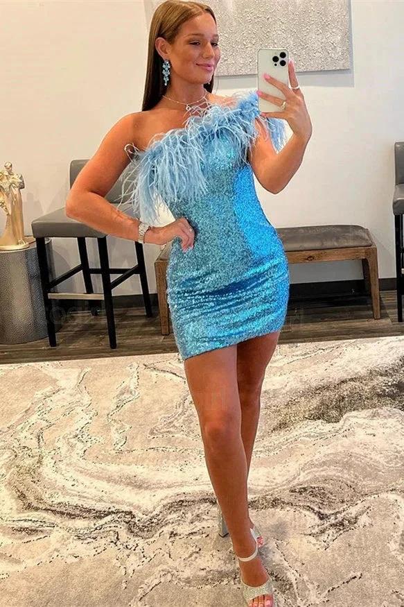 Blue One Shoulder Sleeveless Short Homecoming Dresses With Feathers - Image 3