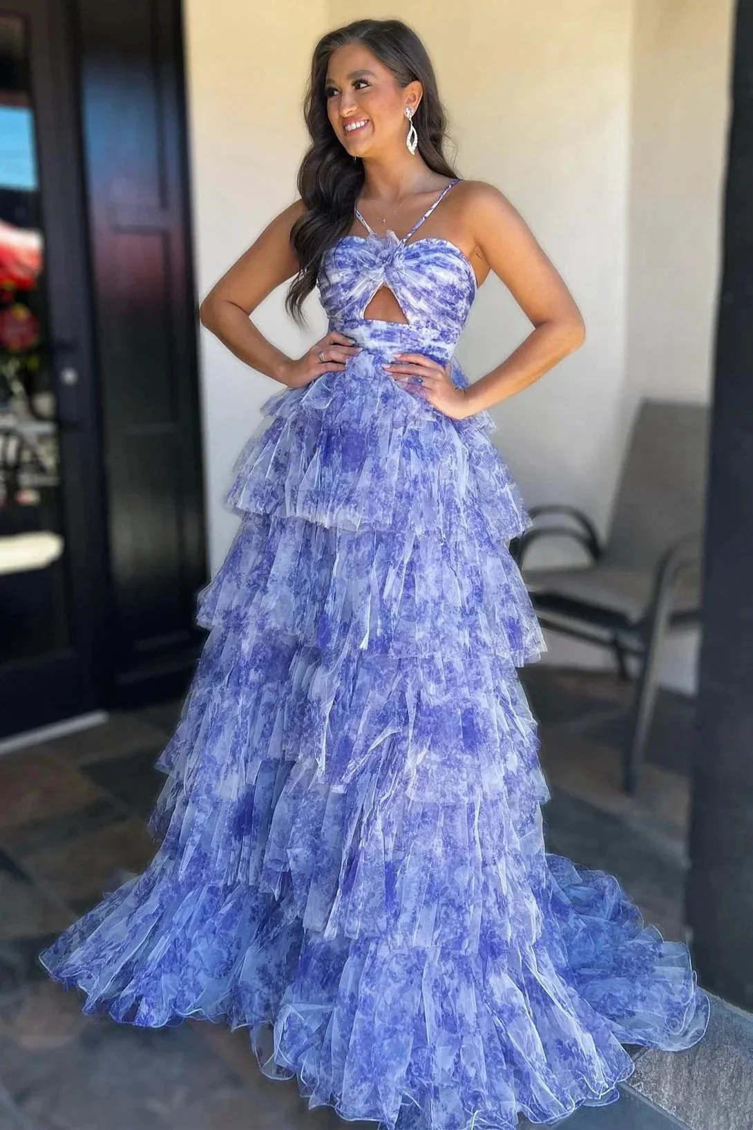 Emmeline| Blue Print Halter Keyhole Ruffle Tiered Long Prom Dress - Image 2