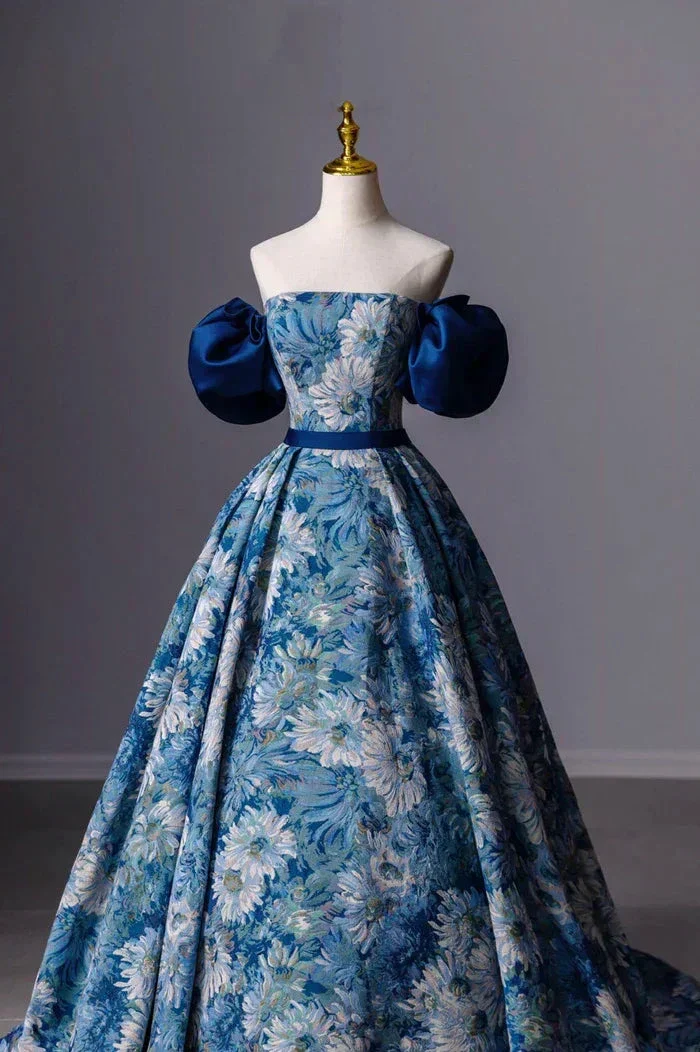 Blue Printed Long A-Line Prom Dress Blue Off the Shoulder Formal Evening Dress Y4605 - Image 2