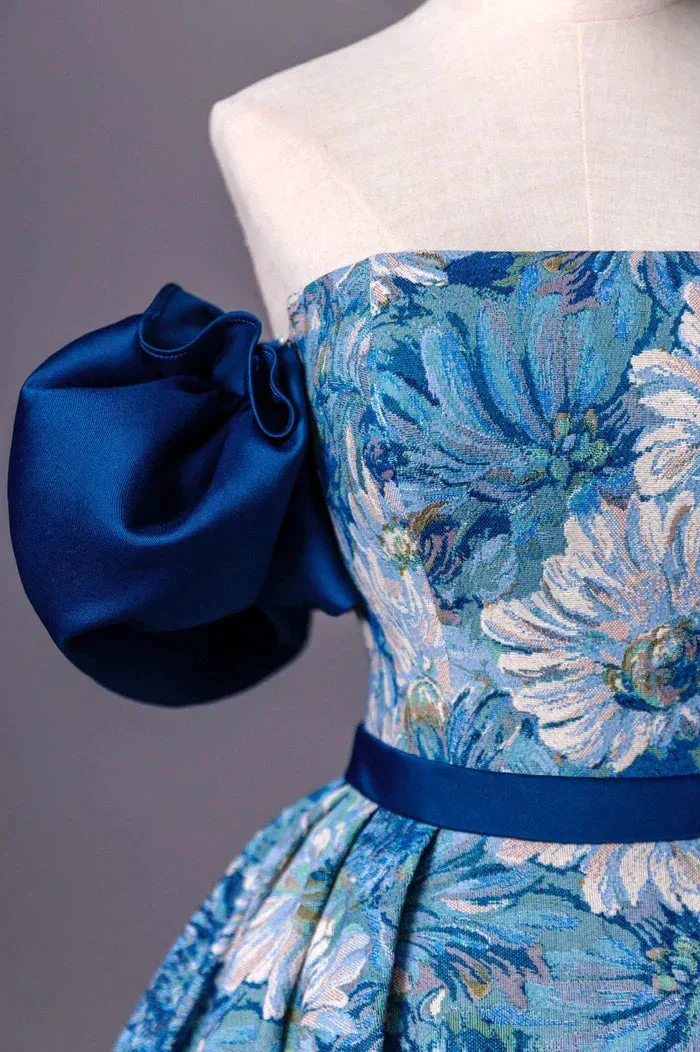 Blue Printed Long A-Line Prom Dress Blue Off the Shoulder Formal Evening Dress Y4605 - Image 3
