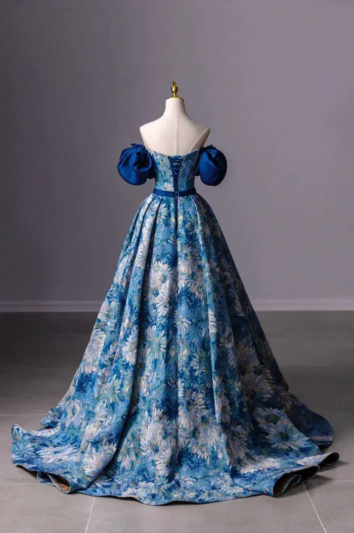 Blue Printed Long A-Line Prom Dress Blue Off the Shoulder Formal Evening Dress Y4605 - Image 5
