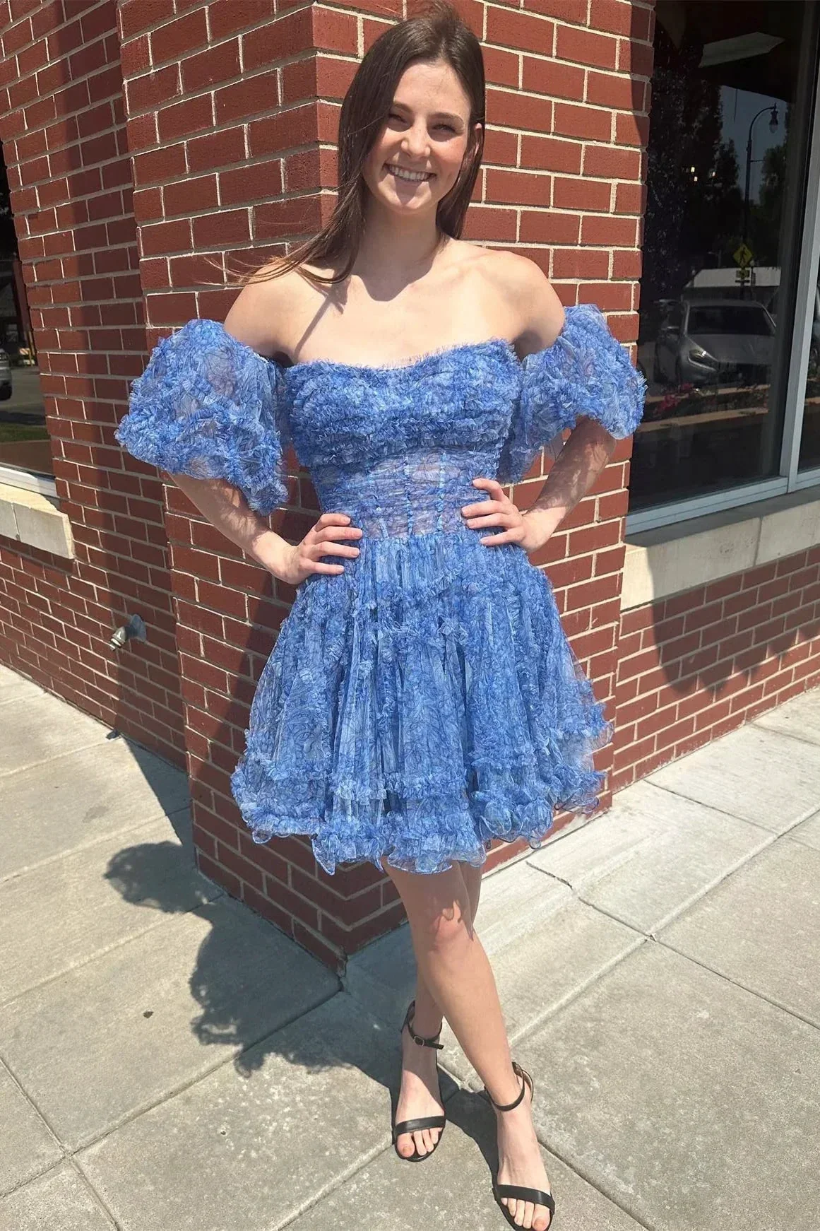 Blue Puff Sleeves Ruffles A-line Prints Homecoming Dress Y2714 - Image 2
