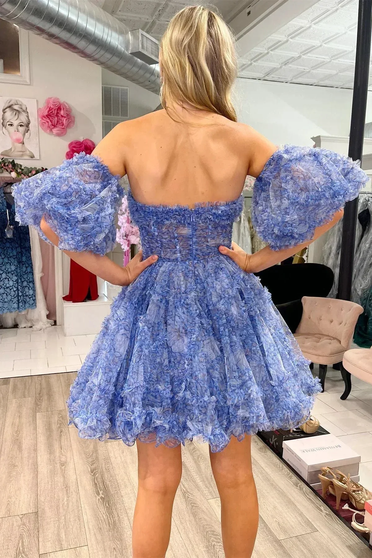 Blue Puff Sleeves Ruffles A-line Prints Homecoming Dress Y2714 - Image 3
