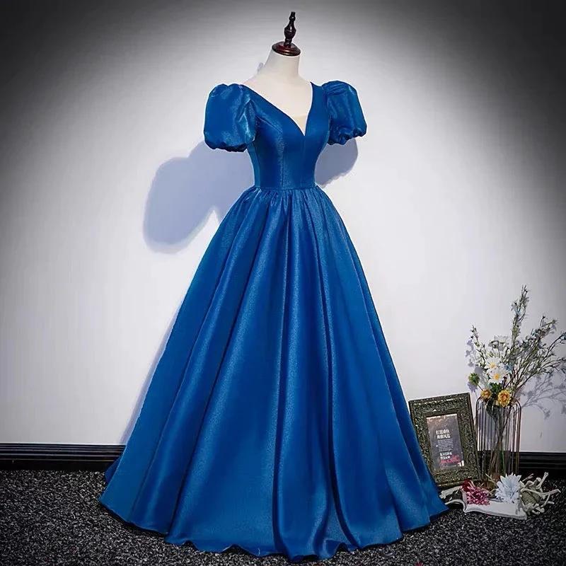 Blue saitn long prom dress A line evening gown s64 - Image 2