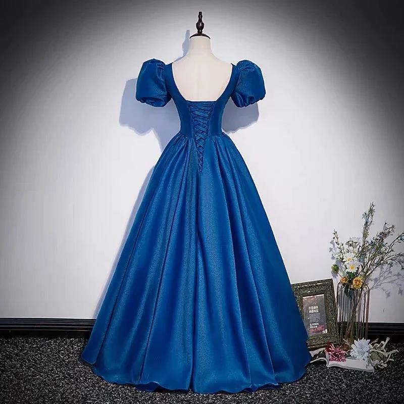 Blue saitn long prom dress A line evening gown s64 - Image 3