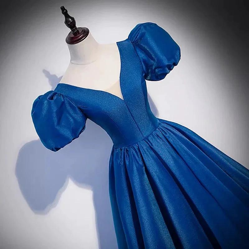 Blue saitn long prom dress A line evening gown s64 - Image 4