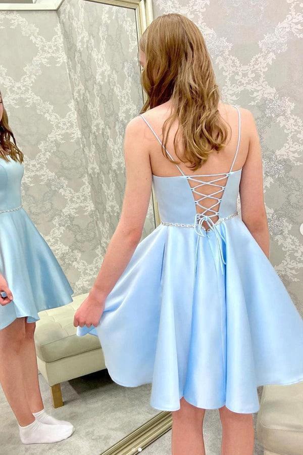 Blue Satin Beads Short Prom Dress Blue Homecoming Dress PD450 - Image 2