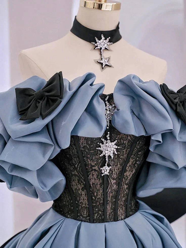 Blue Satin Lace Long Prom Dress Off Shoulder Evening Dress Y5621 - Image 2