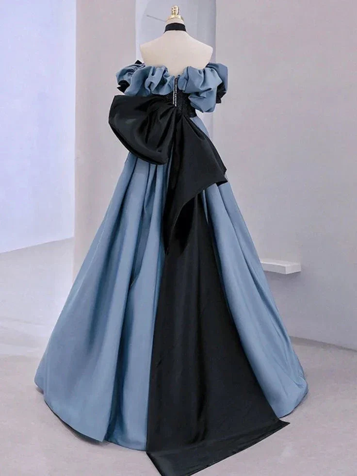 Blue Satin Lace Long Prom Dress Off Shoulder Evening Dress Y5621 - Image 3