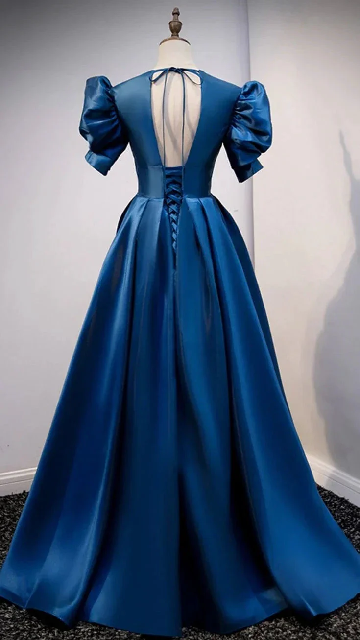 Blue satin long prom dress blue evening dress Y4966 - Image 2