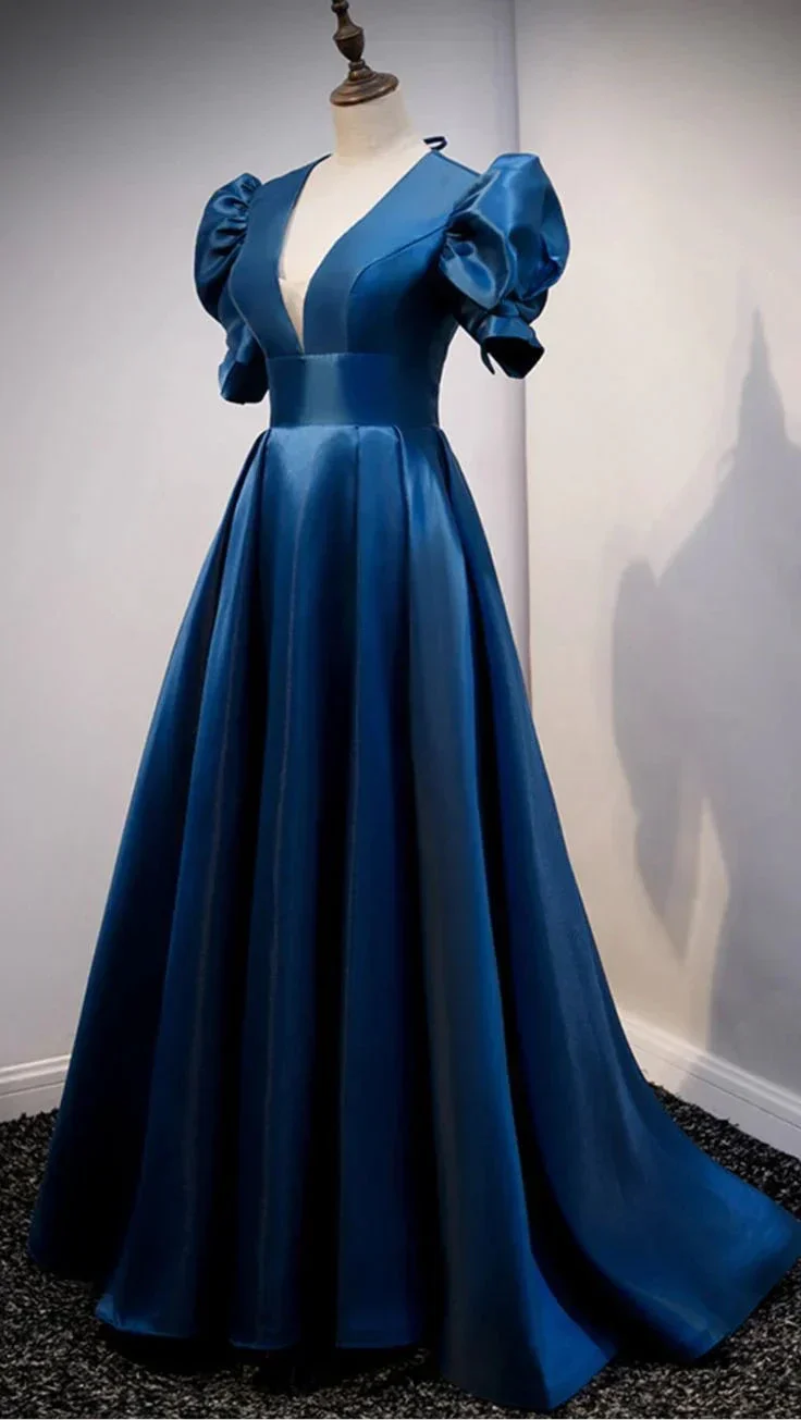 Blue satin long prom dress blue evening dress Y4966 - Image 3