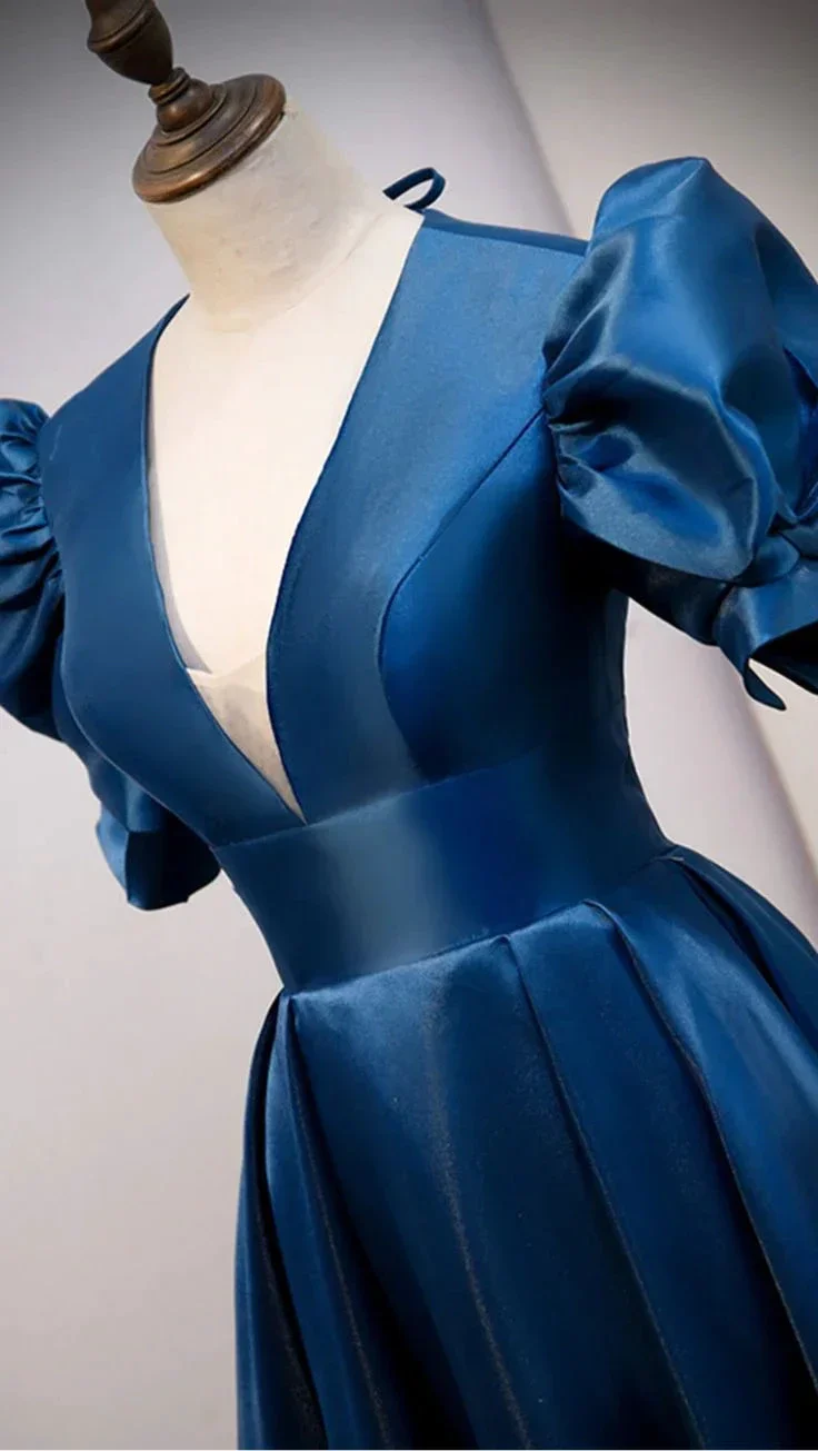 Blue satin long prom dress blue evening dress Y4966 - Image 4