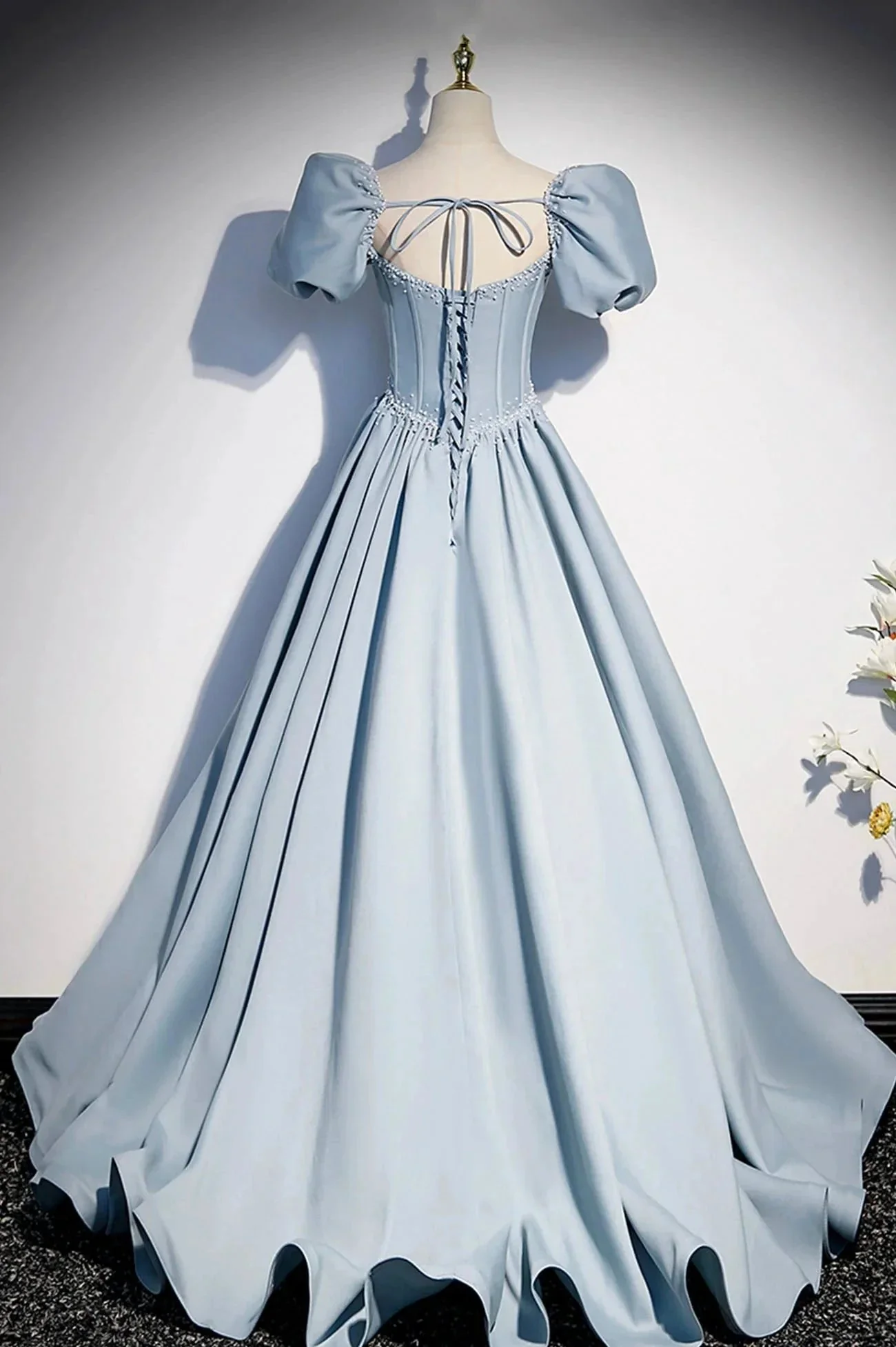 Blue satin pearl long prom dress blue evening dress s52 - Image 2