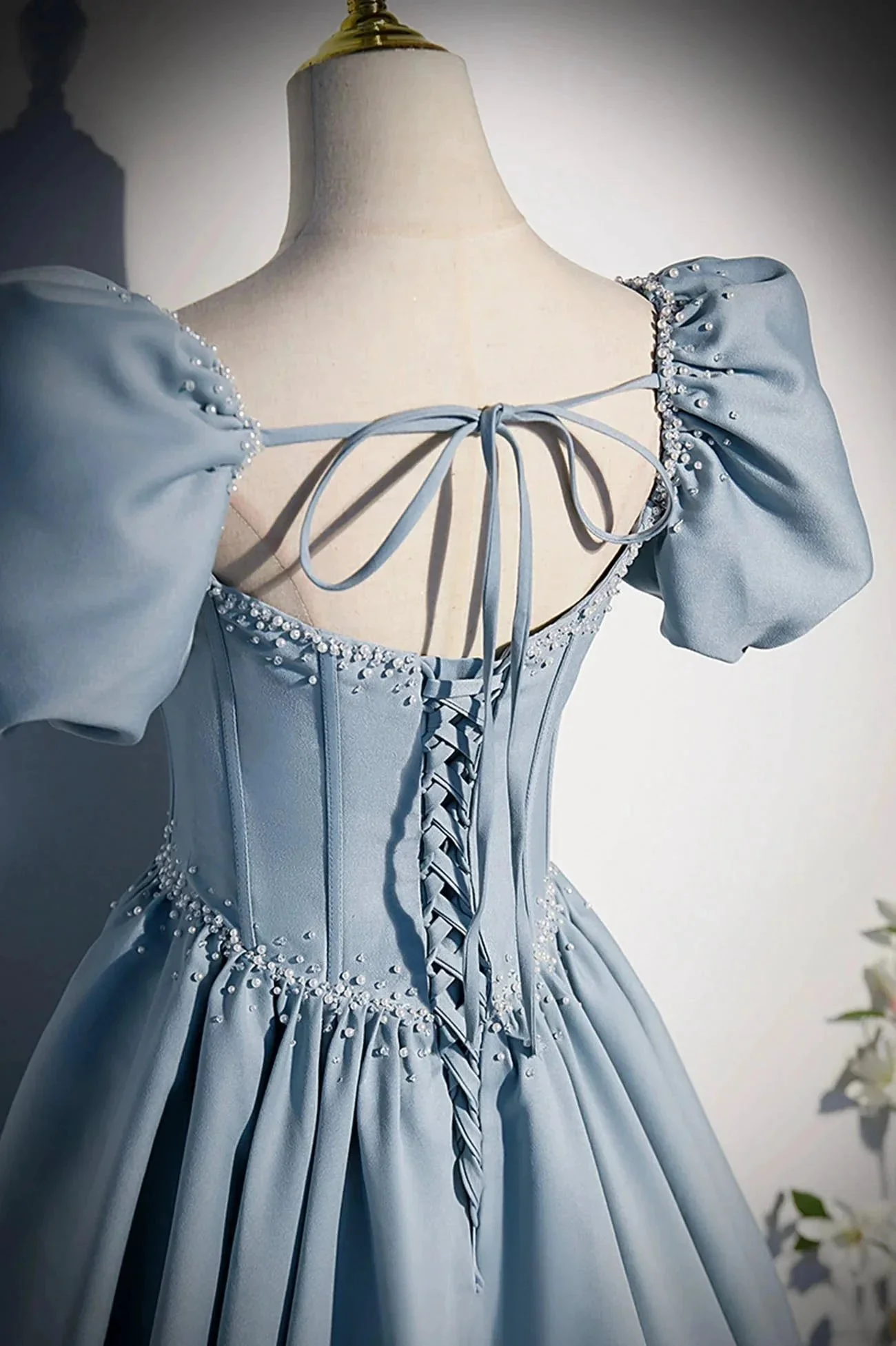 Blue satin pearl long prom dress blue evening dress s52 - Image 3