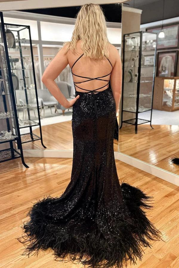 Blue Sequin Feather Back Mermaid Sparkly Long Prom Dress with Slit  PSK419 - Image 4
