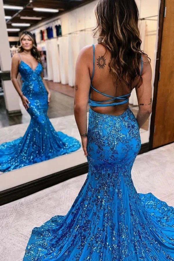 Blue Sequins Applique Prom Dress Mermaid Sleeveless Spaghetti Straps - Image 2