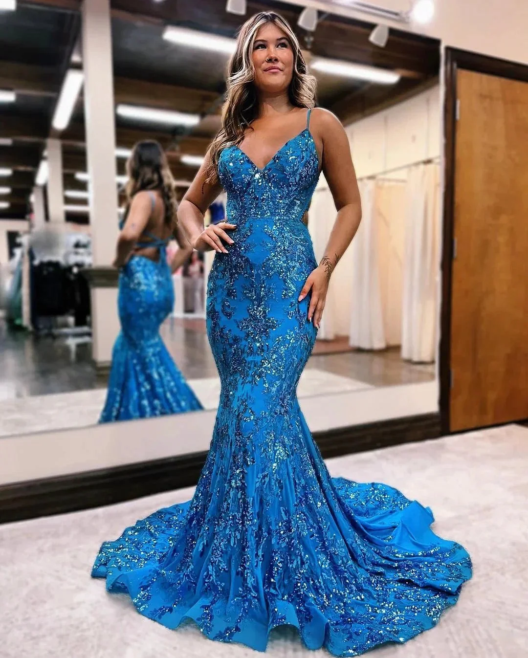 Blue Sequins Applique Prom Dress Mermaid Sleeveless Spaghetti Straps - Image 4