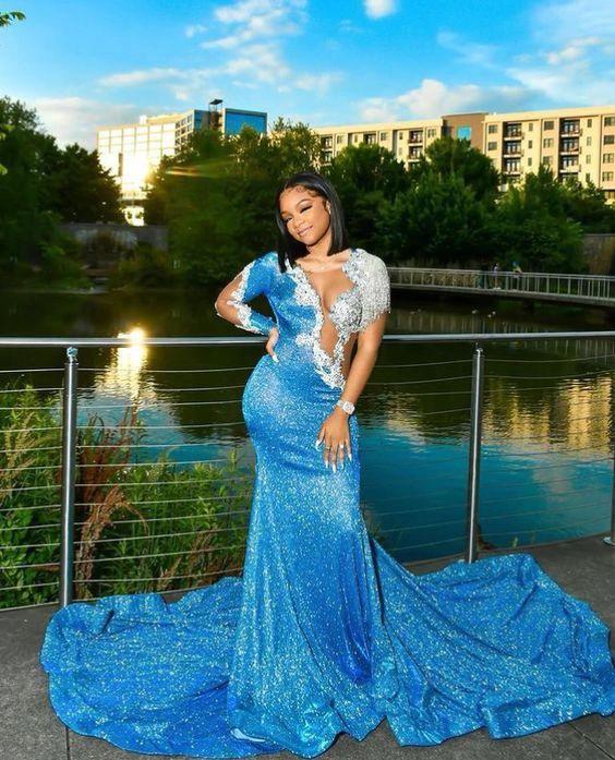 Blue Sequins Long Evening Dress With Train Sexy Prom Gown For Black Girls Y846 - Image 2