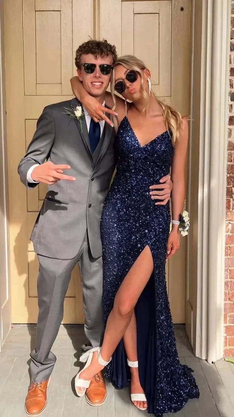 Blue Sequins Long Prom Dress Side Slit Glitter Evening Dress Y435 - Image 2
