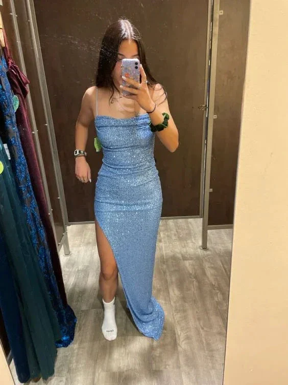 Blue Sheath/Column Sequins Evening Dress Sexy Evening Gown Y446 - Image 2