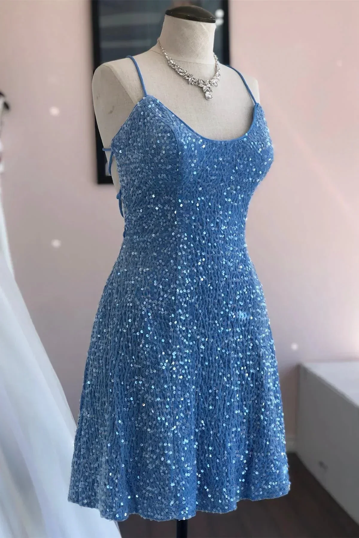 Blue Sheath Sequins Lace-Up Mini Homecoming Dress Y3007 - Image 2