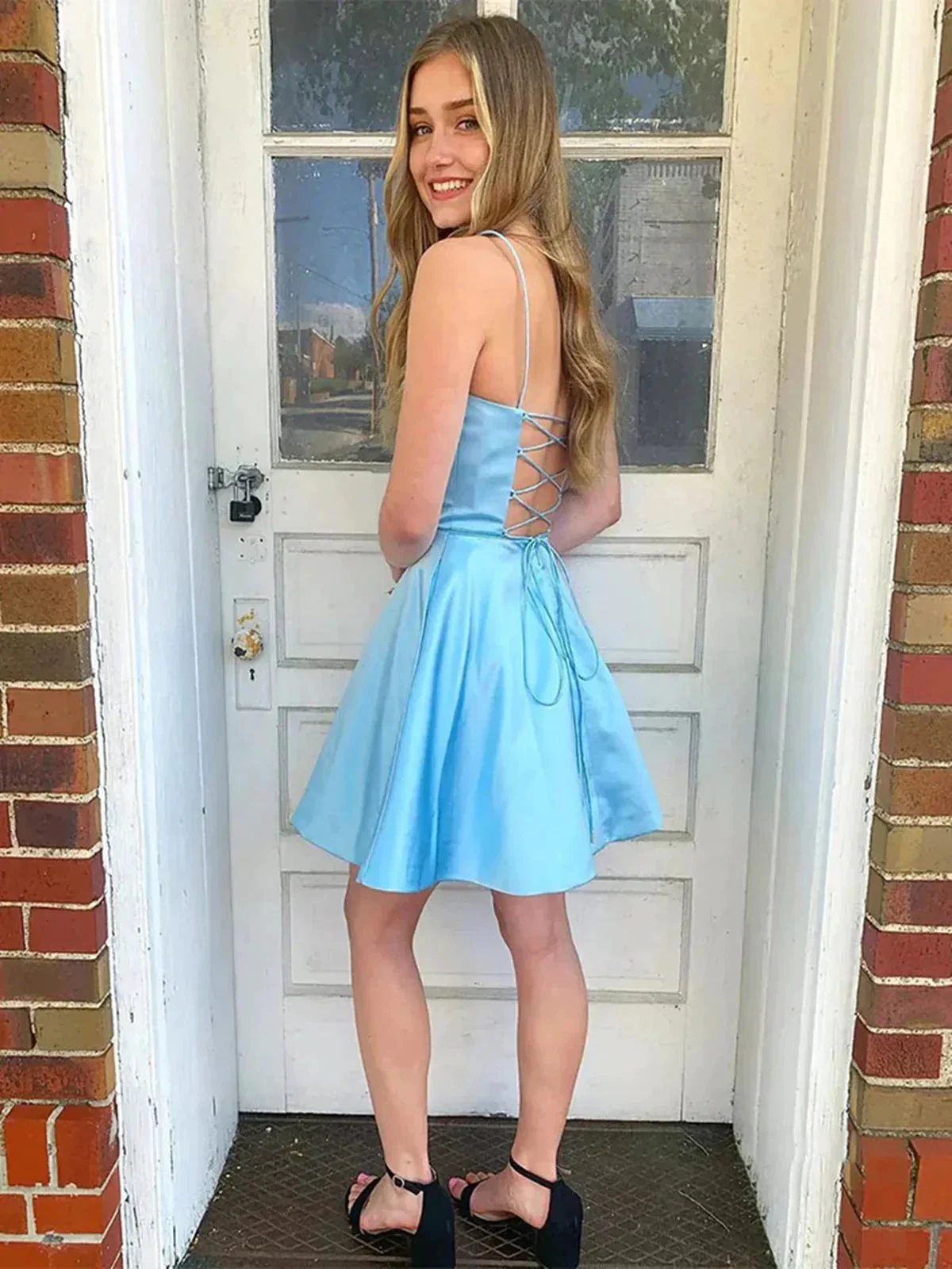 Blue Short A-line Strapless Open Back Prom Homecoming Dresses - Image 2