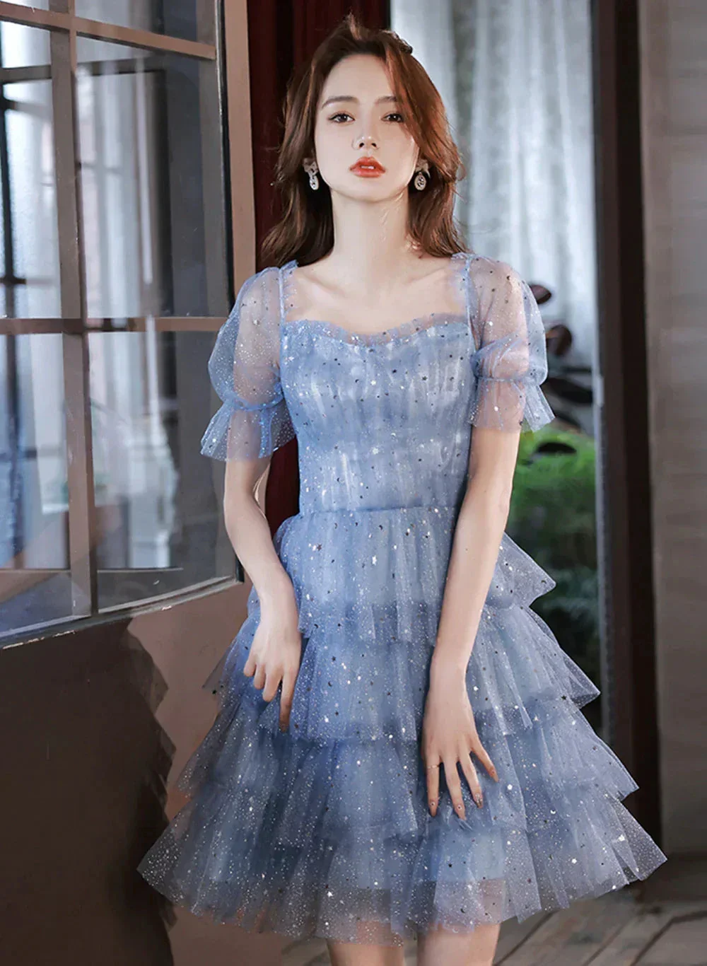Blue Short Layers Tulle Formal Dress Blue Off Shoulder Homecoming Dress Party Dress Y1975 - Image 3