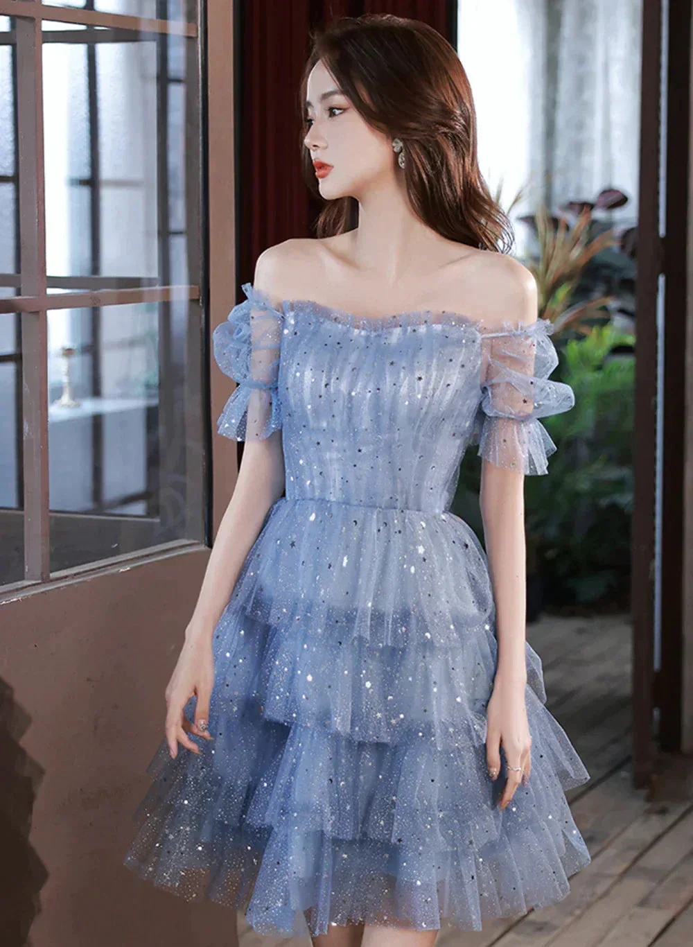 Blue Short Layers Tulle Formal Dress Blue Off Shoulder Homecoming Dress Party Dress Y1975 - Image 4