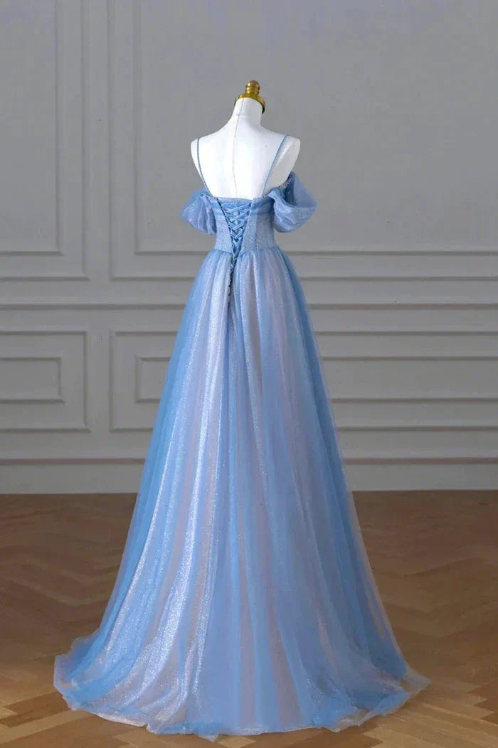 Blue Spaghetti Strap Tulle Long Prom Dress Beautiful A-Line Evening Dress Y4592 - Image 2