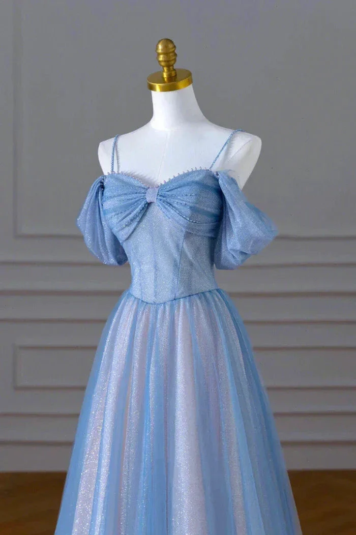 Blue Spaghetti Strap Tulle Long Prom Dress Beautiful A-Line Evening Dress Y4592 - Image 4