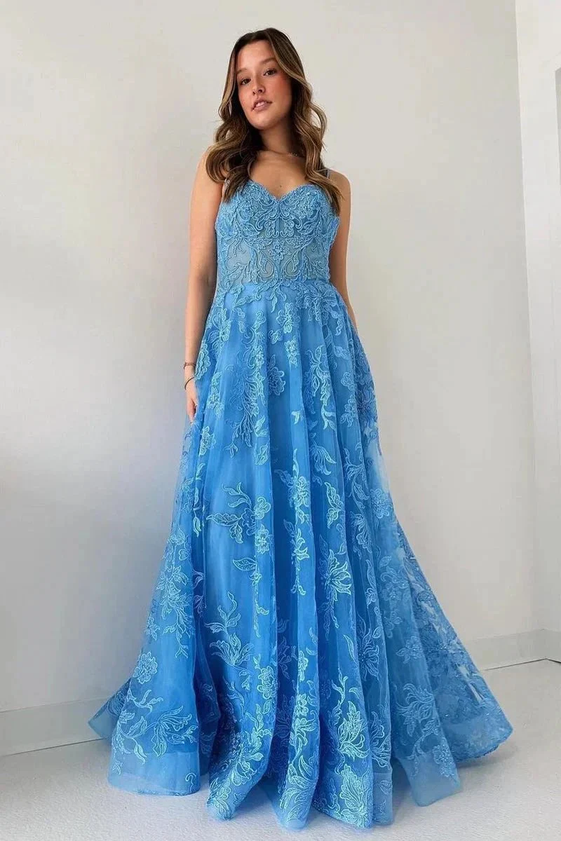 Blue Spaghetti Straps Tulle Appliques Long Prom Dresses - Image 2