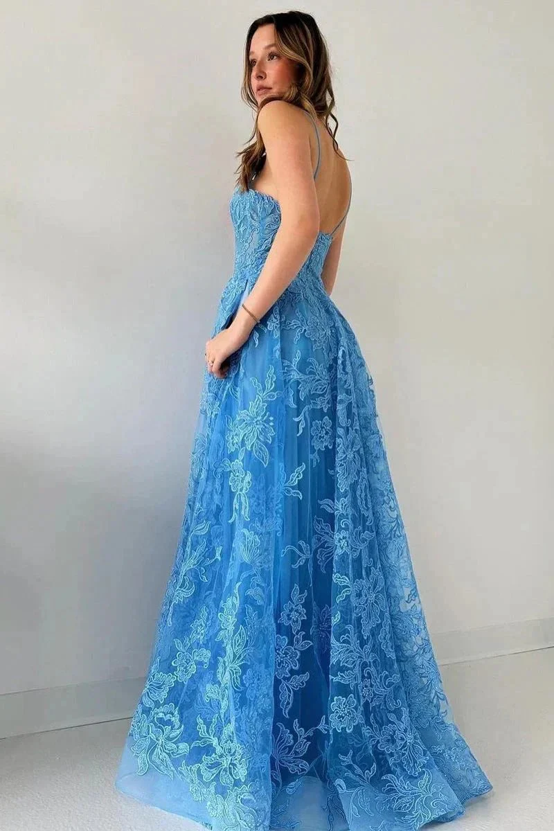 Blue Spaghetti Straps Tulle Appliques Long Prom Dresses - Image 3