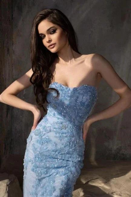 Blue Strapless Column High Split Floor Length Tulle Prom Dress - Image 2