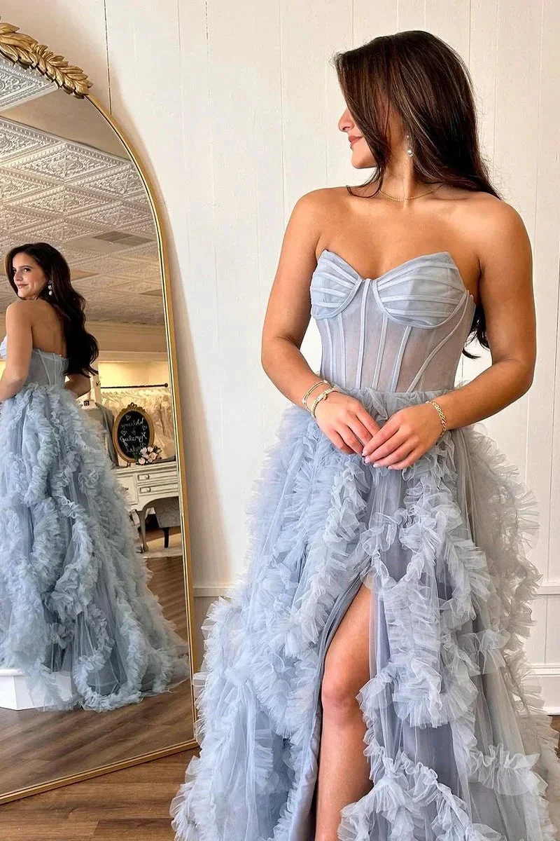 Blue Strapless Ruffle Tulle A-Line Long Prom Dresses with Slit - Image 2