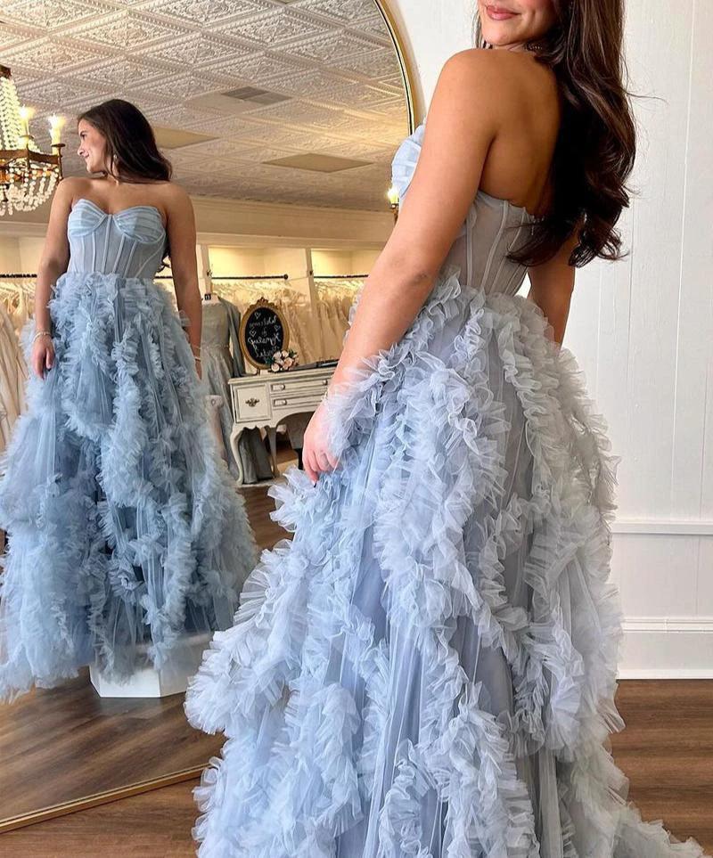 Blue Strapless Ruffle Tulle A-Line Long Prom Dresses with Slit - Image 3