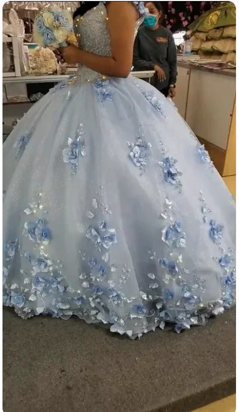 Light Blue Long Dress Cute 3D Applique Off Shoulder Ball Gown Princess Dress Y260 - Image 2