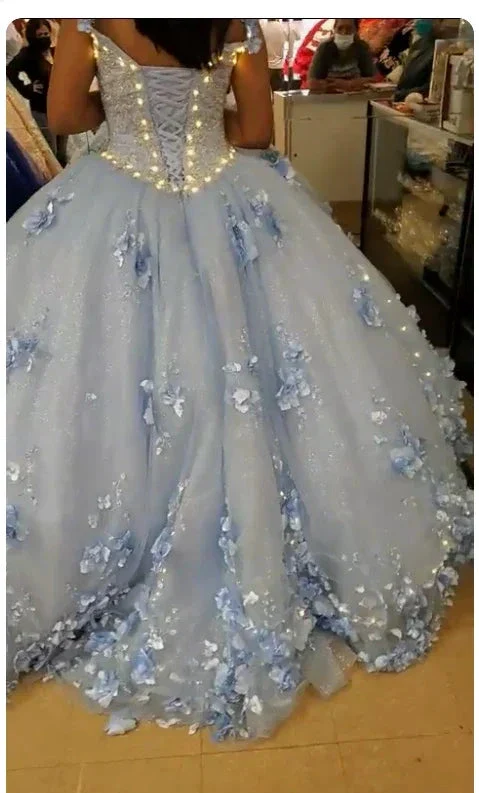 Light Blue Long Dress Cute 3D Applique Off Shoulder Ball Gown Princess Dress Y260 - Image 3
