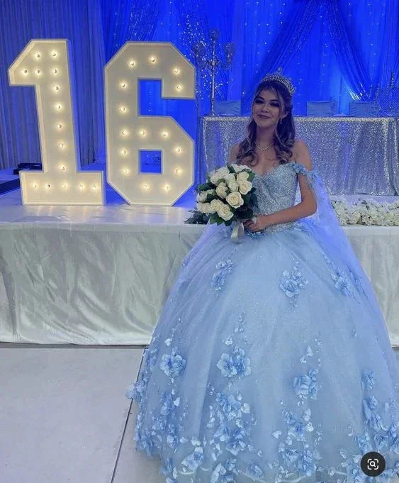 Light Blue Long Dress Cute 3D Applique Off Shoulder Ball Gown Princess Dress Y260 - Image 4